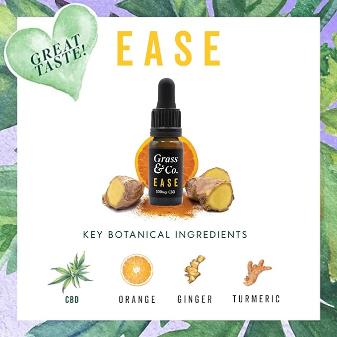 Grass & Co. EASE CBD Drops: 500mg (5.5%) with Ginger & Turmeric | Pain Relief | 10ml