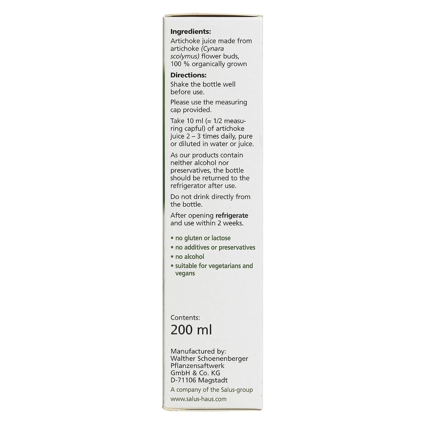 Salus Artichoke Organic 100% Pure Plant Juice:200ml of Fresh Vitality