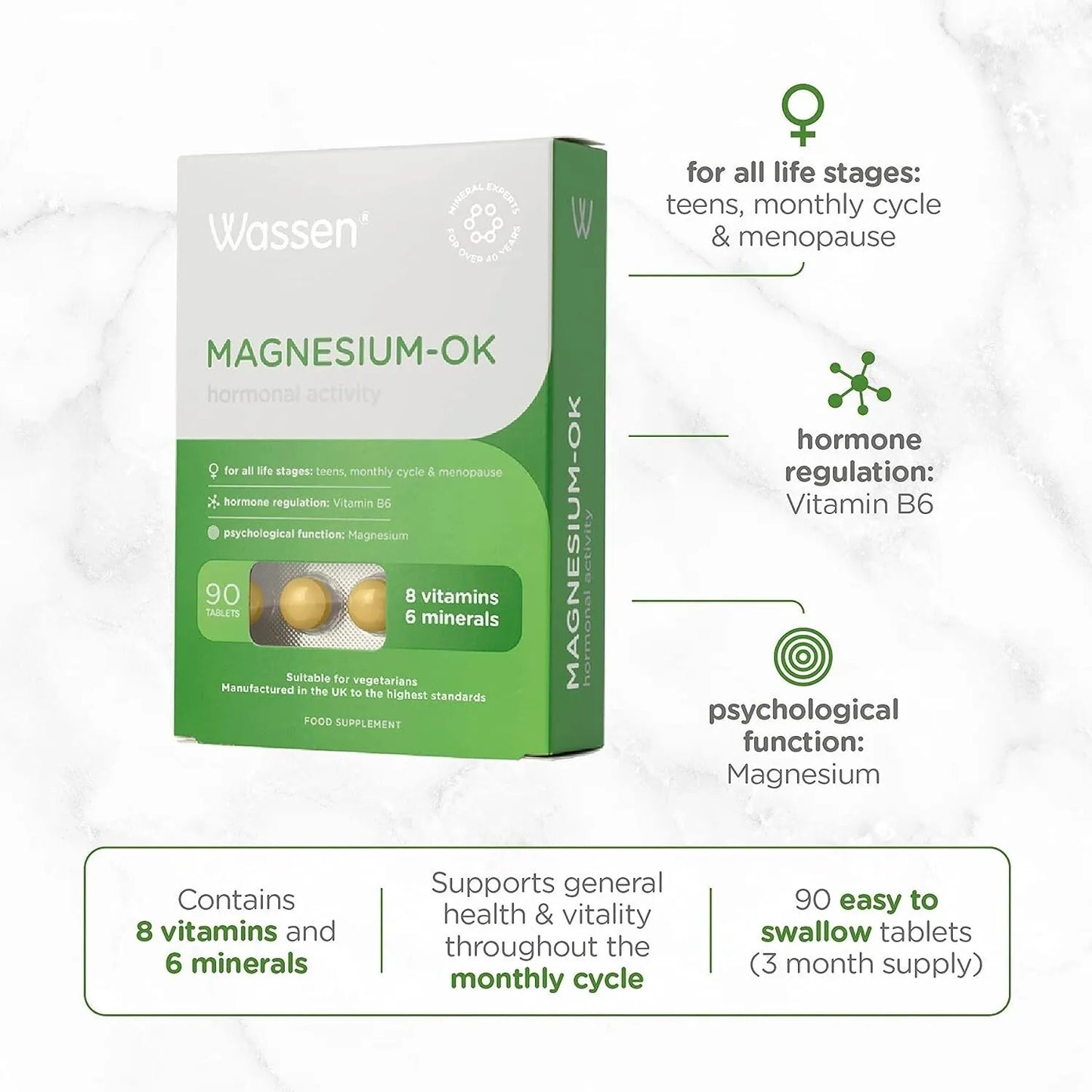 Wassen Magnesium 90 Tablets for Wellbeing