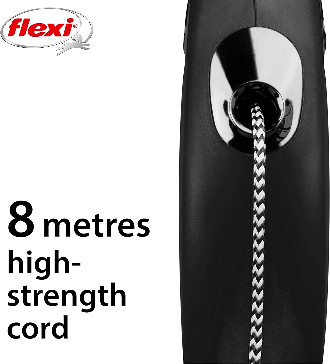 Flexi New Classic Cord Black Medium 8m Retractable Dog Leash/Lead for dogs up to 20kgs/44lbs