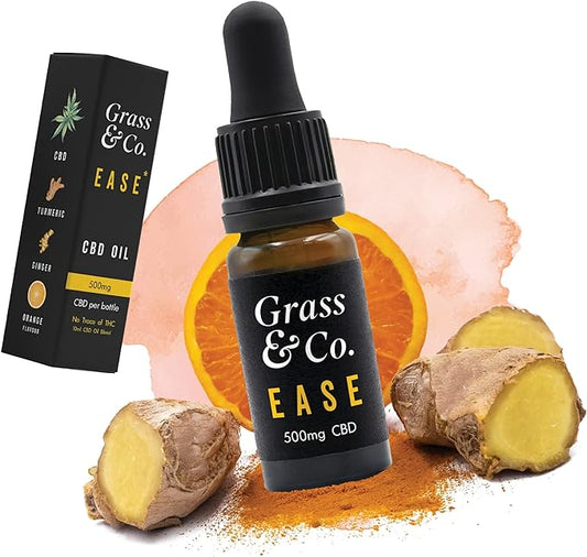 Grass & Co. EASE CBD Drops: 500mg (5.5%) with Ginger & Turmeric | Pain Relief | 10ml