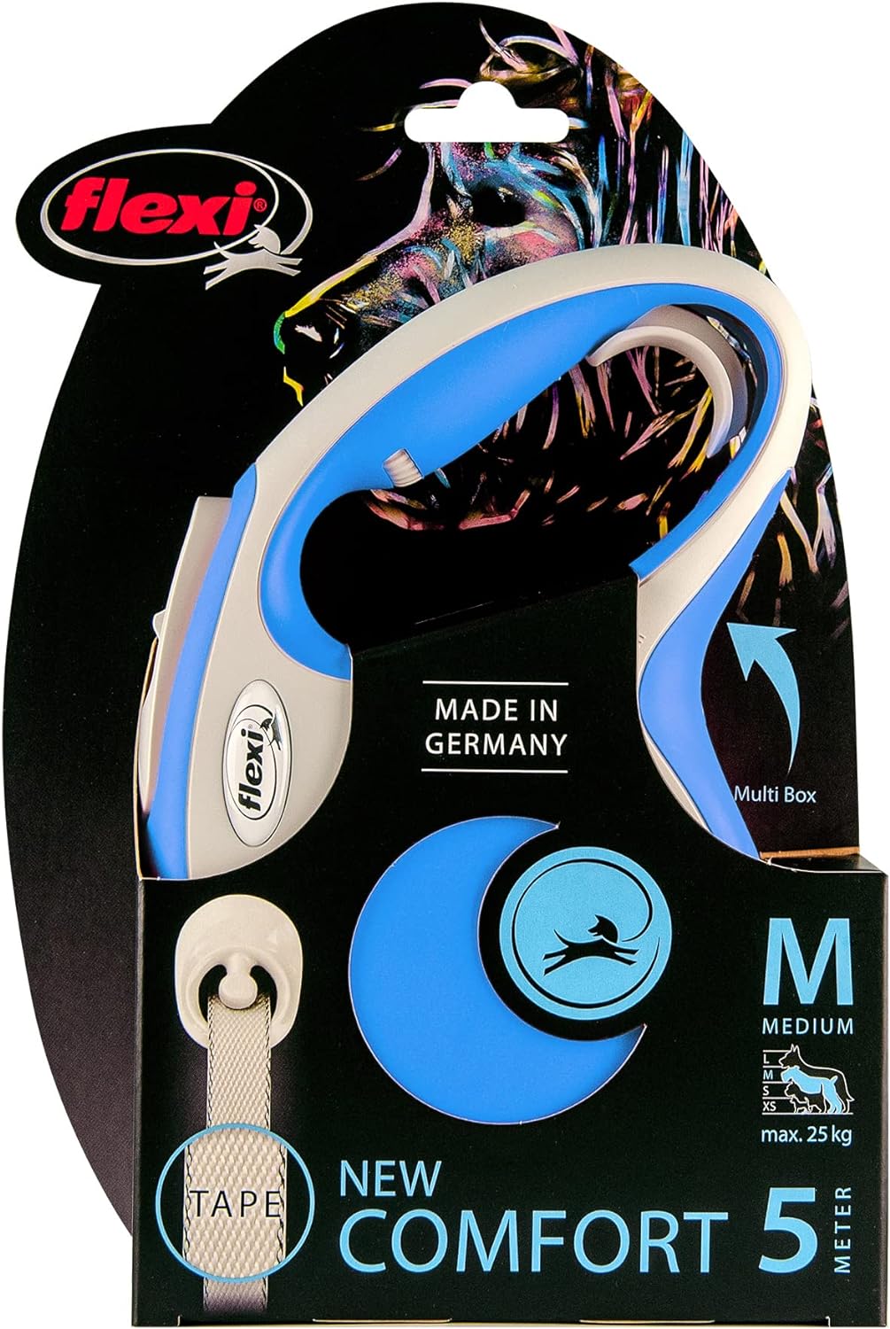 Flexi New Comfort Tape Grey & Blue Medium 5m Retractable Dog Leash/Lead for Dogs up to 25kgs/55lbs