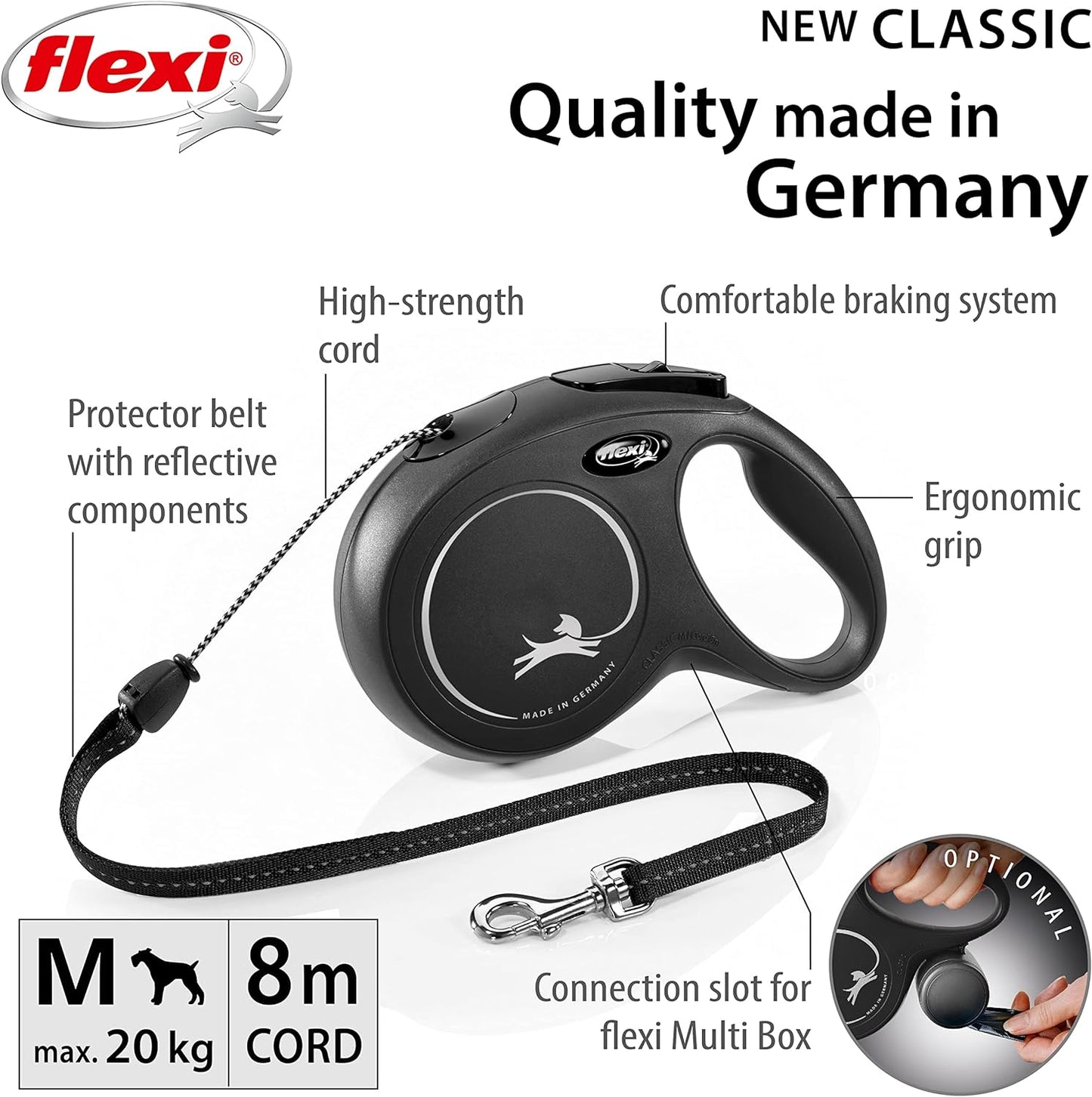 Flexi New Classic Cord Black Medium 8m Retractable Dog Leash/Lead for dogs up to 20kgs/44lbs