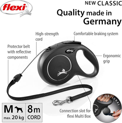 Flexi New Classic Cord Black Medium 8m Retractable Dog Leash/Lead for dogs up to 20kgs/44lbs