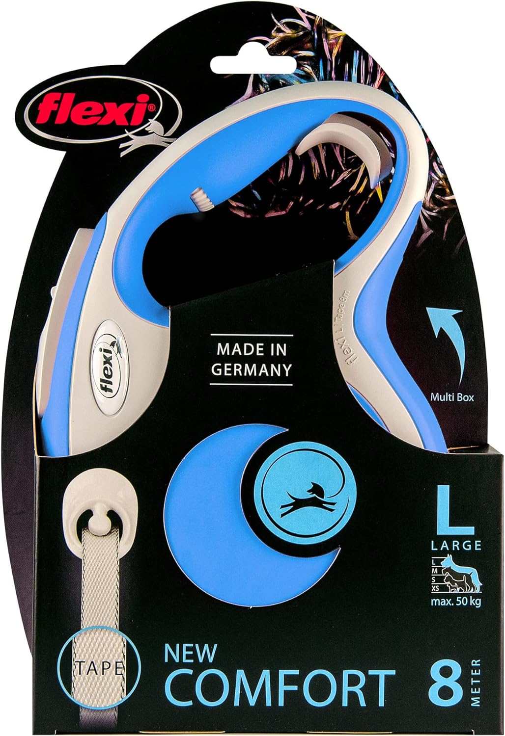 Flexi New Comfort Tape Grey & Blue Large 8m Retractable Dog Leash - Ideal for Dogs up to 50kgs/110lbs