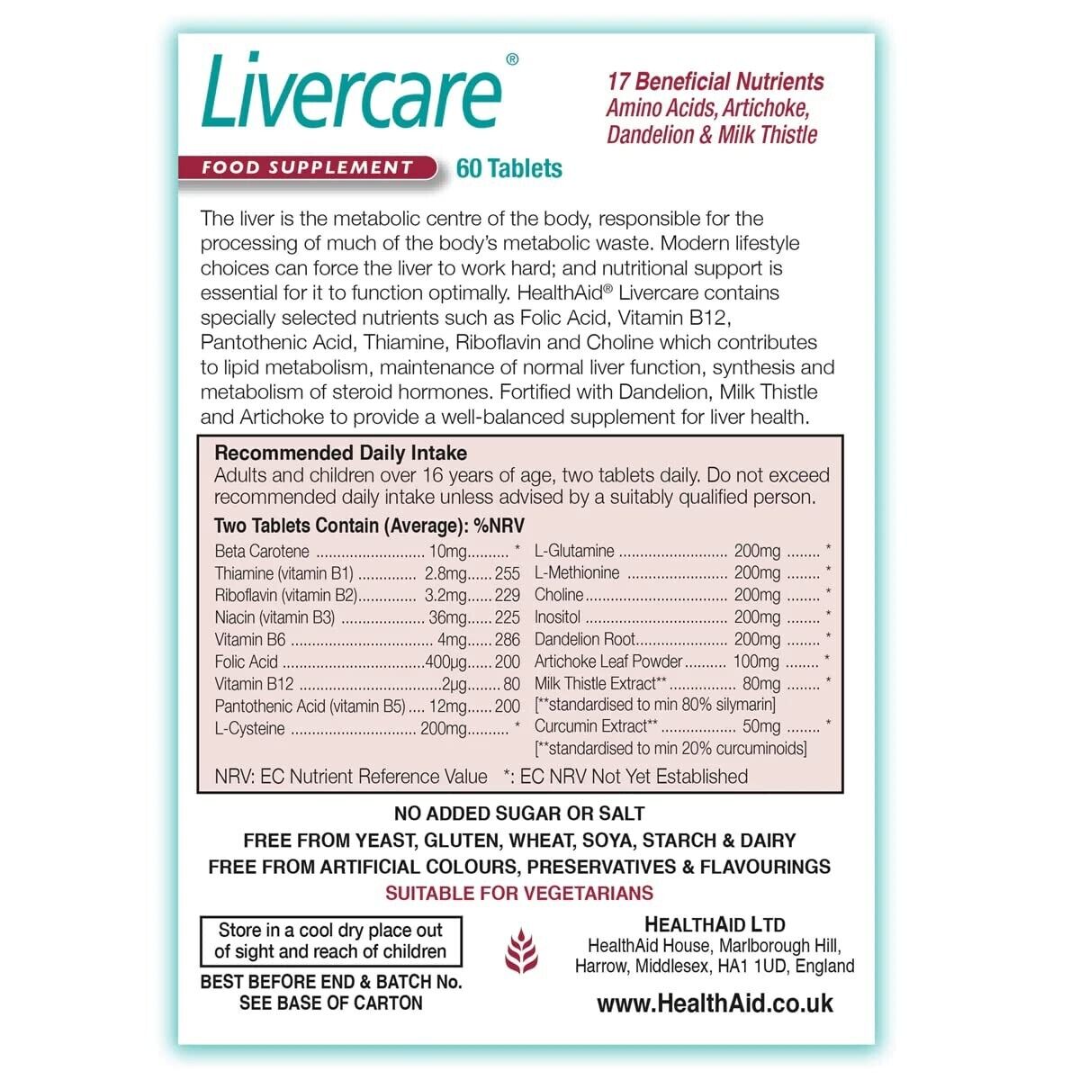 HealthAid Livercare 60 Tablets for Healthy Liver, Detox and Support