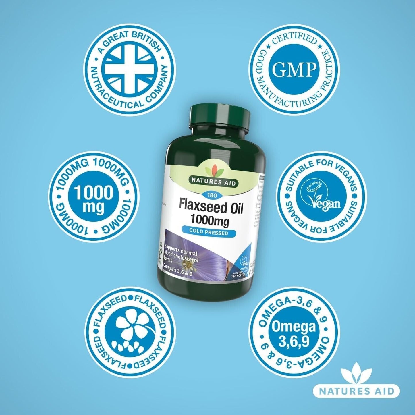 Natures Aid Flaxseed Oil Softgels 180 Capsules 1000mg of Natural Goodness