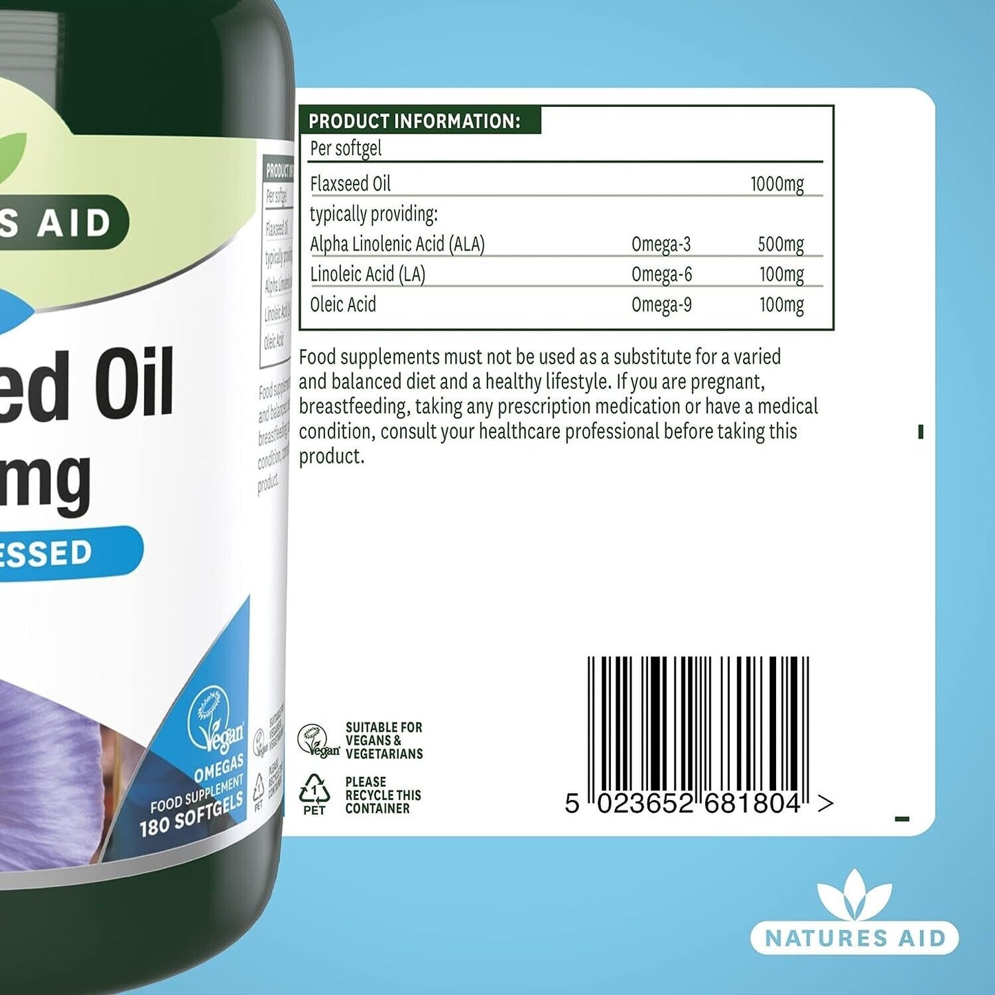 Natures Aid Flaxseed Oil Softgels 180 Capsules 1000mg of Natural Goodness