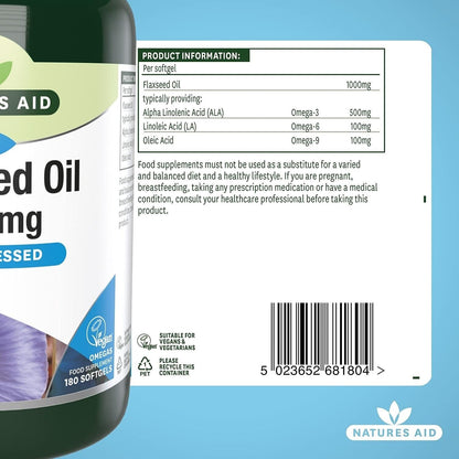 Natures Aid Flaxseed Oil Softgels 180 Capsules 1000mg of Natural Goodness