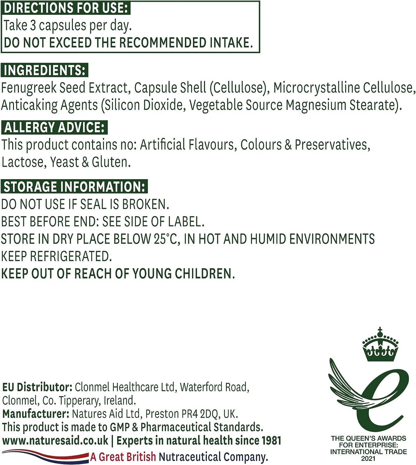Natures Aid Fenugreek 500mg 90 Capsules of Natural Wellness